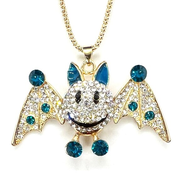 Blue BAT with Open Wings Halloween Pendant Necklace - Picture 1 of 1